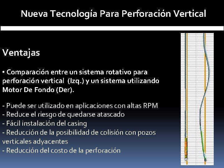 Nueva Tecnología Para Perforación Vertical Ventajas • Comparación entre un sistema rotativo para perforación