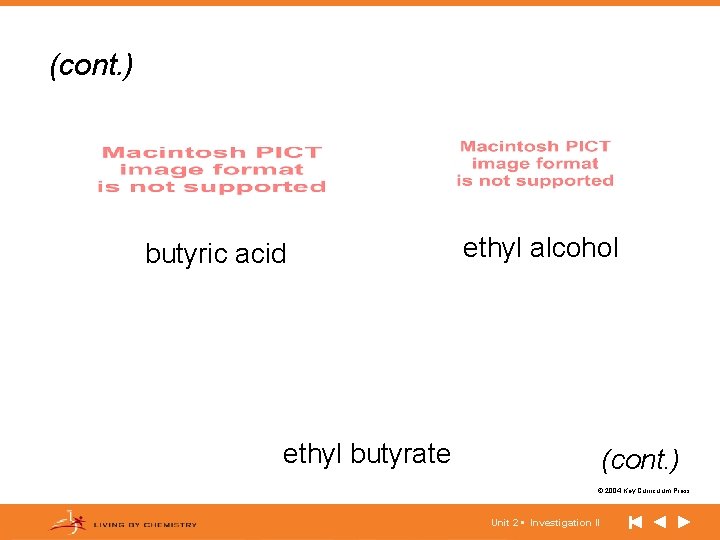 (cont. ) butyric acid ethyl alcohol ethyl butyrate (cont. ) © 2004 Key Curriculum