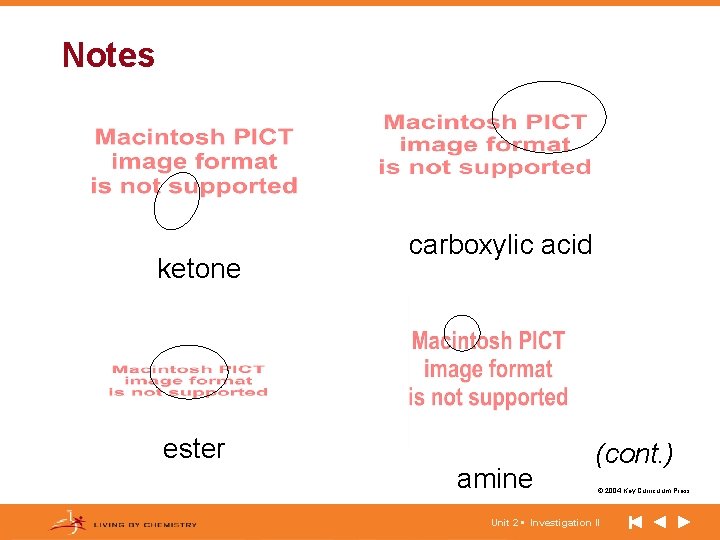 Notes ketone ester carboxylic acid amine (cont. ) © 2004 Key Curriculum Press. Unit