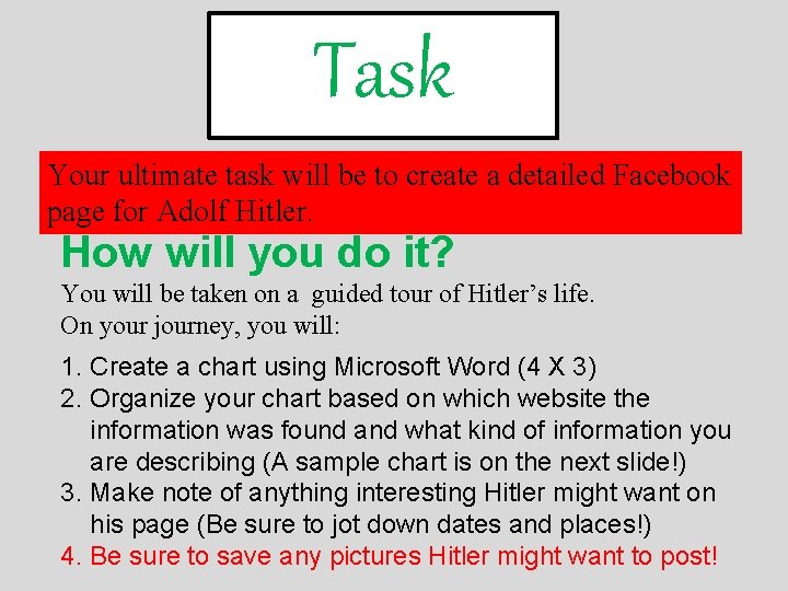 Task Your ultimate task will be to create a detailed Facebook page for Adolf