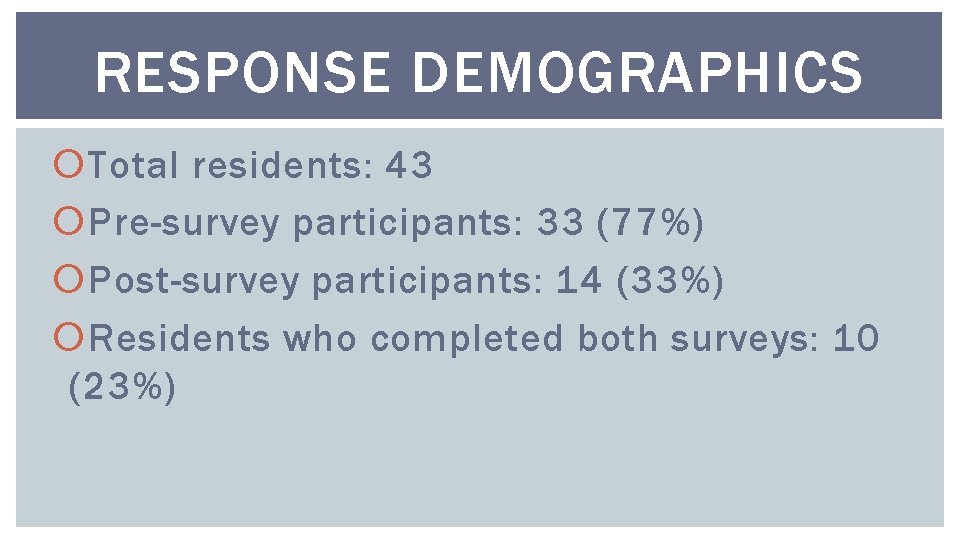 RESPONSE DEMOGRAPHICS Total residents: 43 Pre-survey participants: 33 (77%) Post-survey participants: 14 (33%) Residents