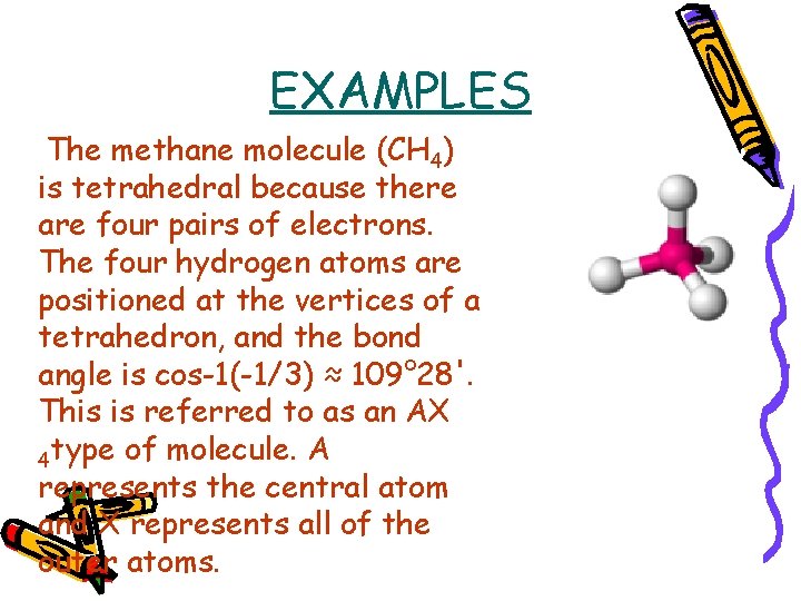 EXAMPLES The methane molecule (CH 4) is tetrahedral because there are four pairs of