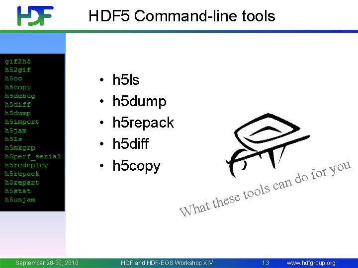 HDF 5 Command-line tools • • • h 5 ls h 5 dump h