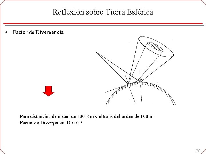 Reflexión sobre Tierra Esférica • Factor de Divergencia Para distancias de orden de 100