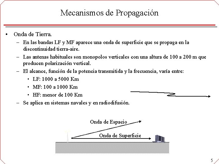 Mecanismos de Propagación • Onda de Tierra. – En las bandas LF y MF