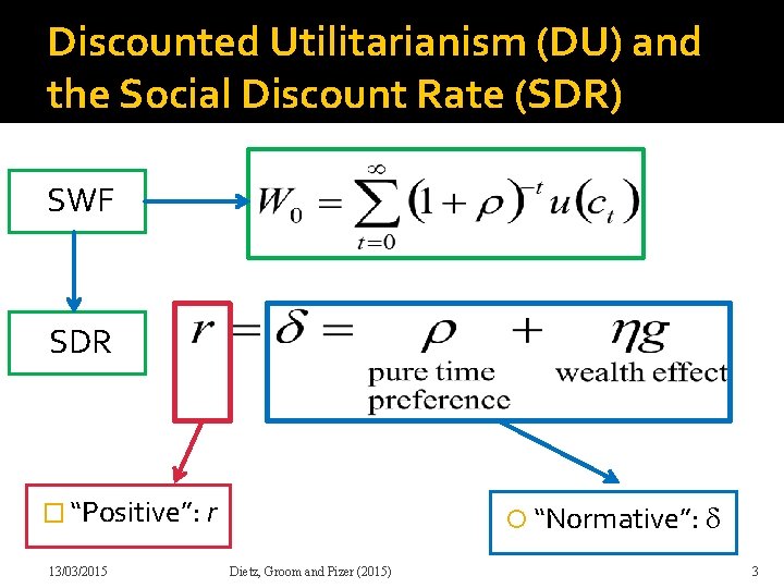 Discounted Utilitarianism (DU) and the Social Discount Rate (SDR) SWF SDR � “Positive”: r