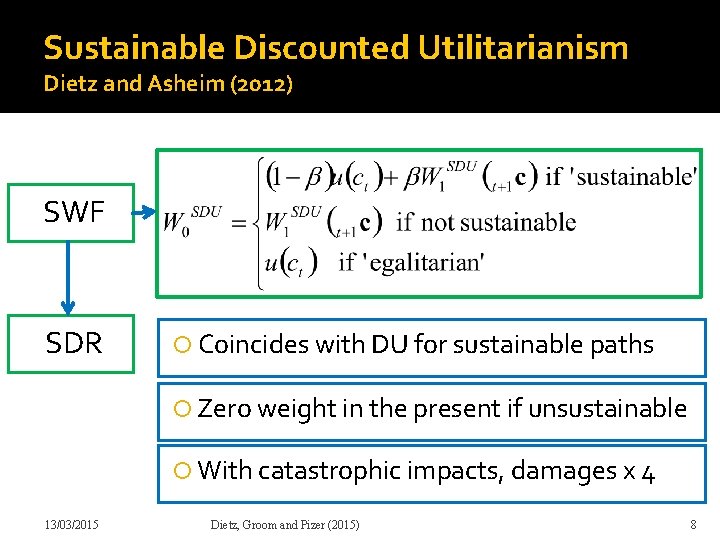 Sustainable Discounted Utilitarianism Dietz and Asheim (2012) SWF SDR Coincides with DU for sustainable