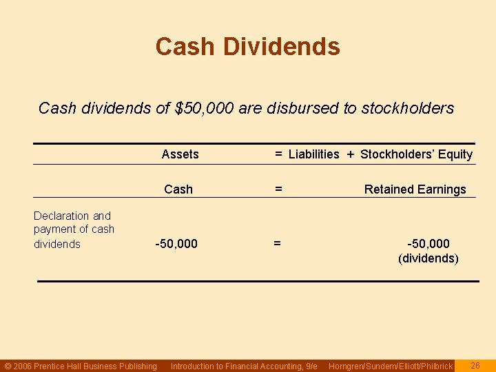 Cash Dividends Cash dividends of $50, 000 are disbursed to stockholders Declaration and payment