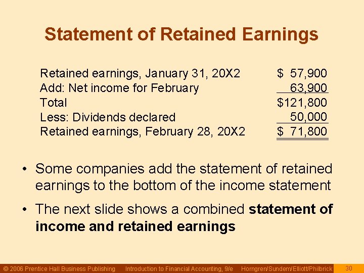 Statement of Retained Earnings Retained earnings, January 31, 20 X 2 Add: Net income