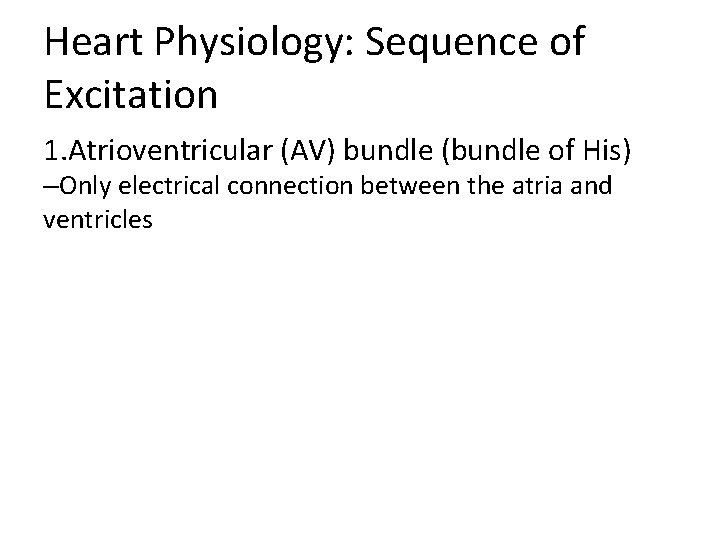 Heart Physiology: Sequence of Excitation 1. Atrioventricular (AV) bundle (bundle of His) –Only electrical