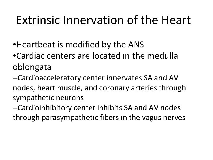  Extrinsic Innervation of the Heart • Heartbeat is modified by the ANS •