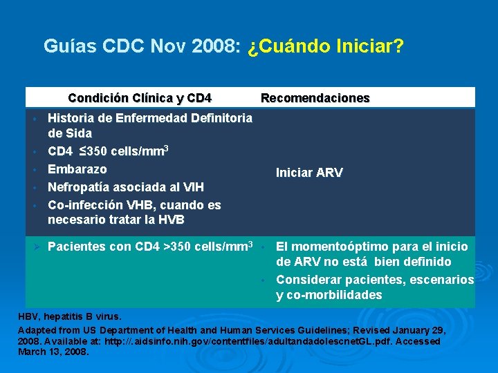 Guías CDC Nov 2008: ¿Cuándo Iniciar? Condición Clínica y CD 4 • • •