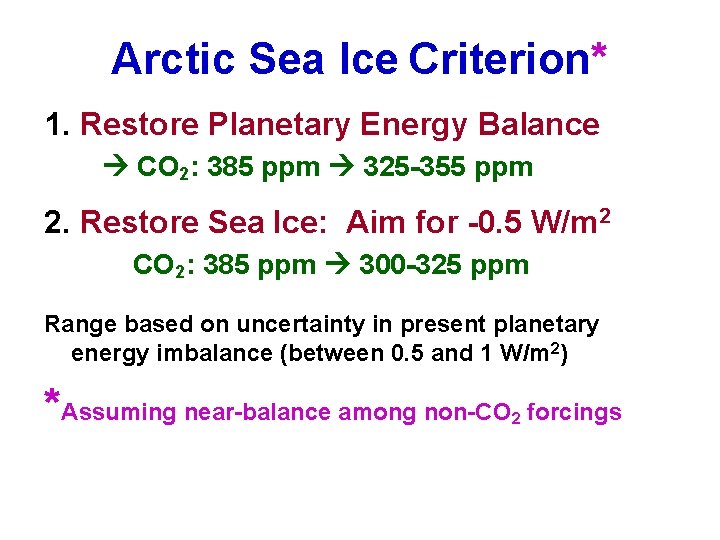 Arctic Sea Ice Criterion* 1. Restore Planetary Energy Balance CO 2: 385 ppm 325