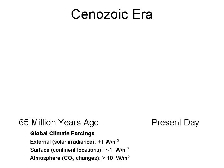 Cenozoic Era 65 Million Years Ago Global Climate Forcings External (solar irradiance): +1 W/m