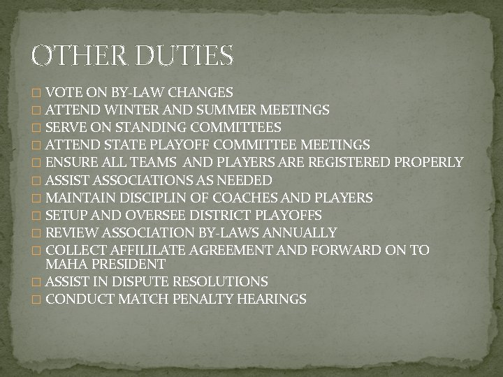 OTHER DUTIES � VOTE ON BY-LAW CHANGES � ATTEND WINTER AND SUMMER MEETINGS �