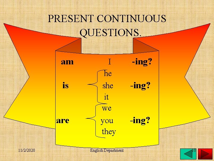 PRESENT CONTINUOUS QUESTIONS. am is are 11/2/2020 I he she it we you they