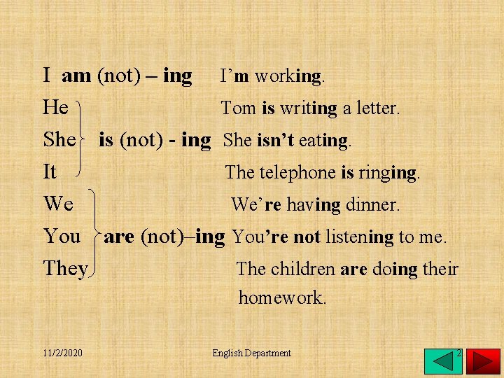I am (not) – ing I’m working. He Tom is writing a letter. She