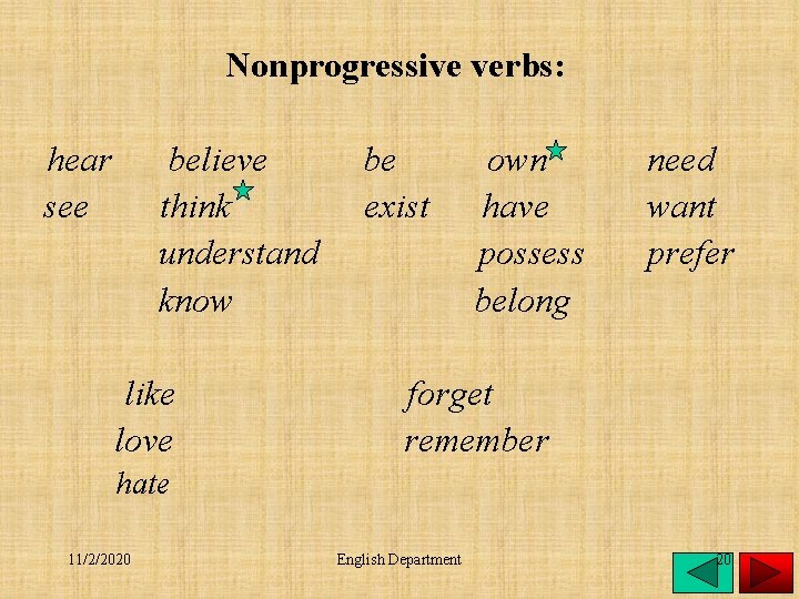 Nonprogressive verbs: hear see believe think understand know like love be exist own have