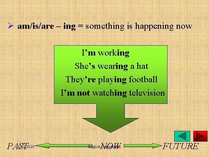 Ø am/is/are – ing = something is happening now I’m working She’s wearing a