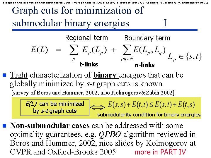 European Conference on Computer Vision 2006 : “Graph Cuts vs. Level Sets”, Y. Boykov