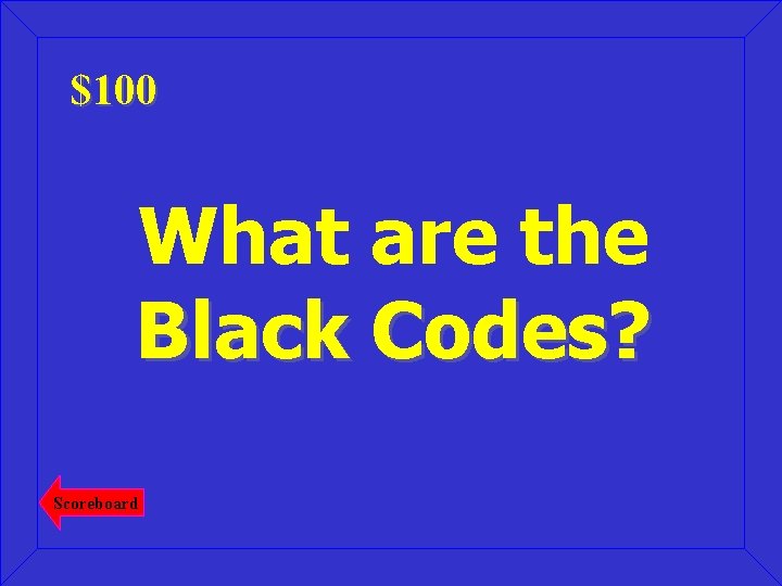 $100 What are the Black Codes? Scoreboard 