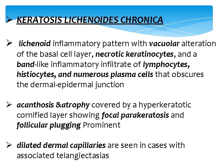 Ø KERATOSIS LICHENOIDES CHRONICA Ø lichenoid inflammatory pattern with vacuolar alteration of the basal