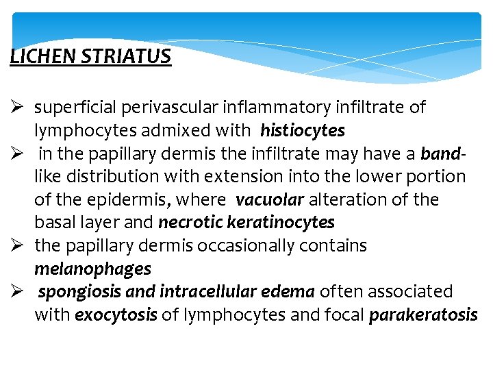 LICHEN STRIATUS Ø superficial perivascular inflammatory infiltrate of lymphocytes admixed with histiocytes Ø in