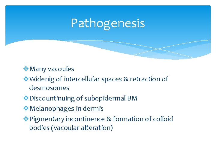Pathogenesis v. Many vacoules v. Widenig of intercellular spaces & retraction of desmosomes v.