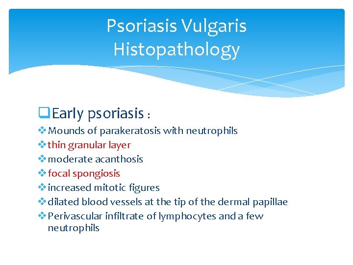 Psoriasis Vulgaris Histopathology q. Early psoriasis : v Mounds of parakeratosis with neutrophils v