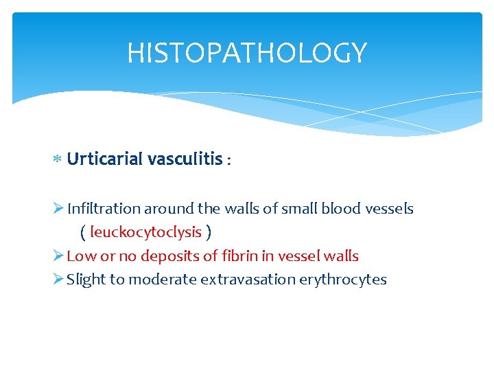 HISTOPATHOLOGY Urticarial vasculitis : Ø Infiltration around the walls of small blood vessels (