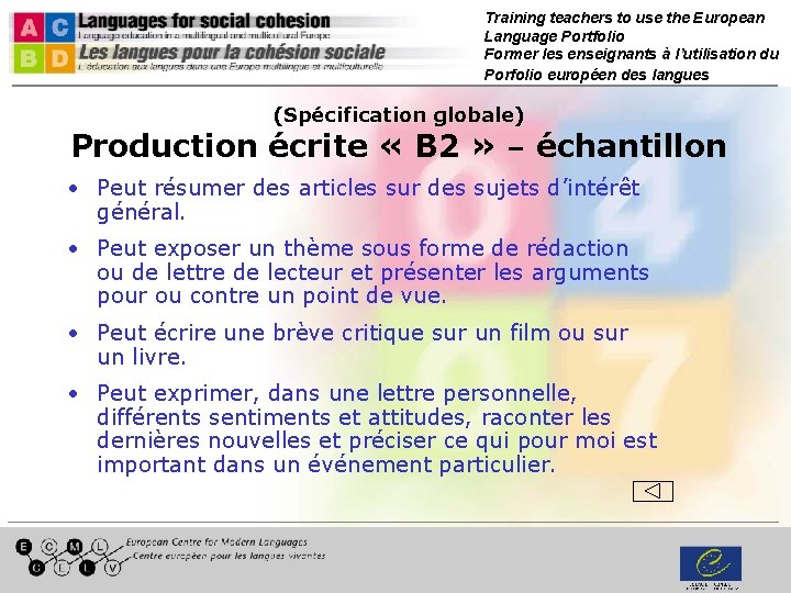 Training teachers to use the European Language Portfolio Former les enseignants à l’utilisation du