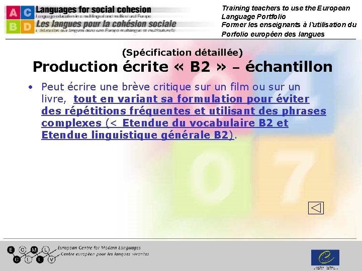 Training teachers to use the European Language Portfolio Former les enseignants à l’utilisation du