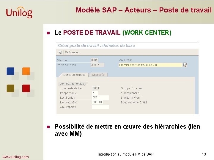 Modèle SAP – Acteurs – Poste de travail www. unilog. com n Le POSTE