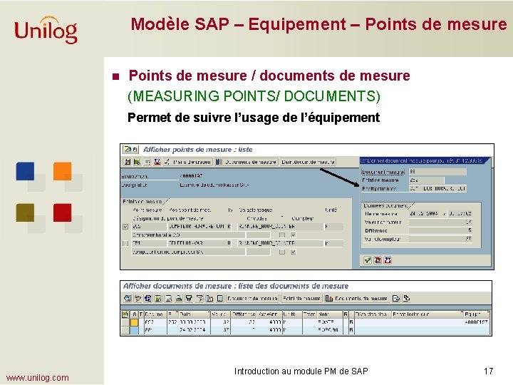 Modèle SAP – Equipement – Points de mesure n Points de mesure / documents