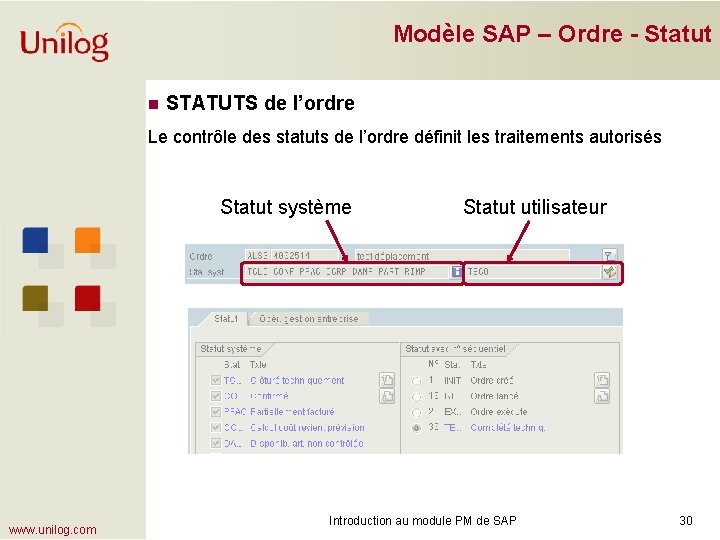 Modèle SAP – Ordre - Statut n STATUTS de l’ordre Le contrôle des statuts