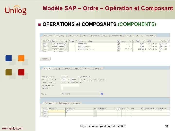 Modèle SAP – Ordre – Opération et Composant n www. unilog. com OPERATIONS et