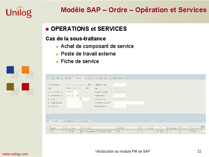 Modèle SAP – Ordre – Opération et Services n OPERATIONS et SERVICES Cas de