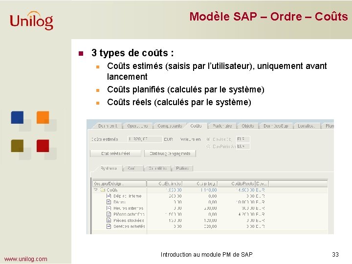 Modèle SAP – Ordre – Coûts n 3 types de coûts : n n