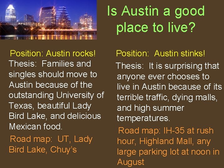 Is Austin a good place to live? Position: Austin rocks! Thesis: Families and singles