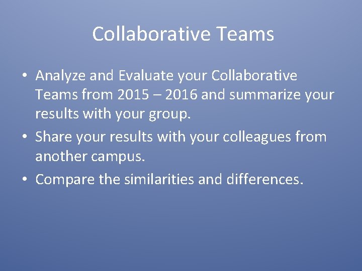 Collaborative Teams • Analyze and Evaluate your Collaborative Teams from 2015 – 2016 and