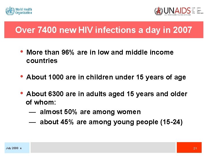 Over 7400 new HIV infections a day in 2007 • More than 96% are