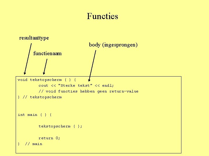 Functies resultaattype body (ingesprongen) functienaam void tekstopscherm ( ) { cout << "Sterke tekst"