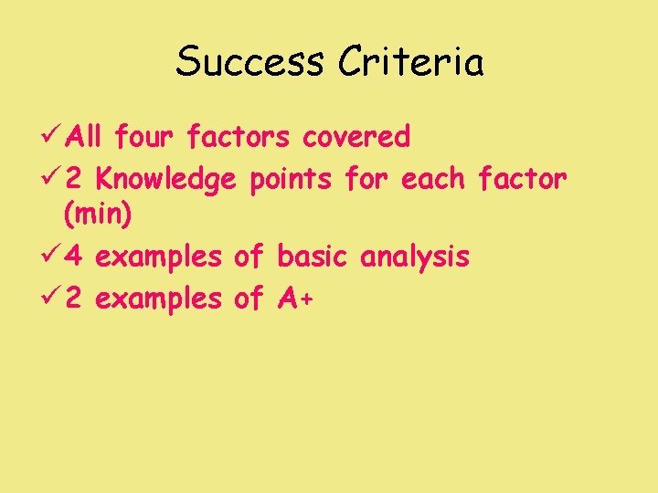 Success Criteria ü All four factors covered ü 2 Knowledge points for each factor Success Criteria ü All four factors covered ü 2 Knowledge points for each factor