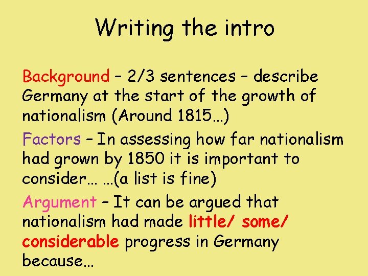 Writing the intro Background – 2/3 sentences – describe Germany at the start of Writing the intro Background – 2/3 sentences – describe Germany at the start of