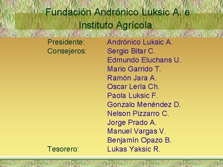 Fundación Andrónico Luksic A. e Instituto Agrícola Presidente: Consejeros: Tesorero: Andrónico Luksic A. Sergio