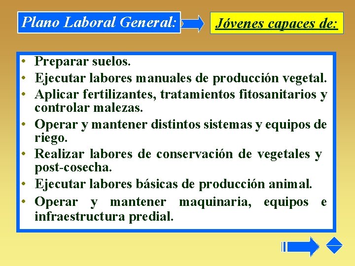 Plano Laboral General: Jóvenes capaces de: • Preparar suelos. • Ejecutar labores manuales de