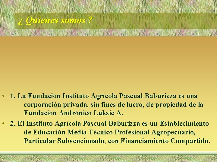 ¿ Quienes somos ? • 1. La Fundación Instituto Agrícola Pascual Baburizza es una
