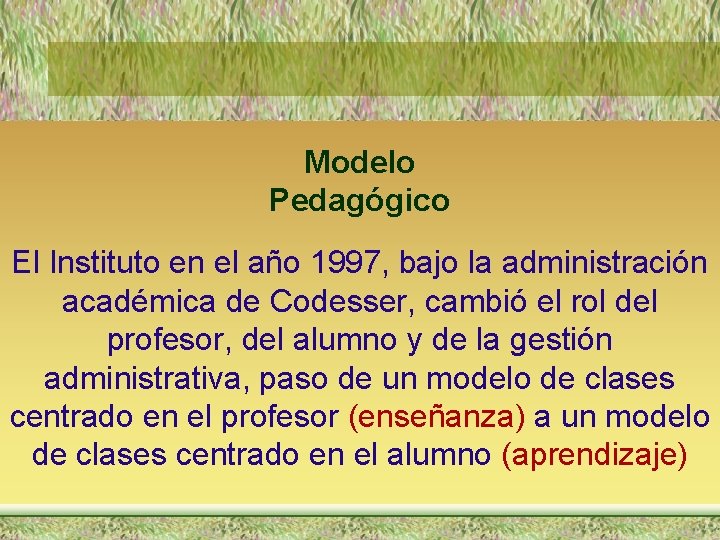 Modelo Pedagógico El Instituto en el año 1997, bajo la administración académica de Codesser,