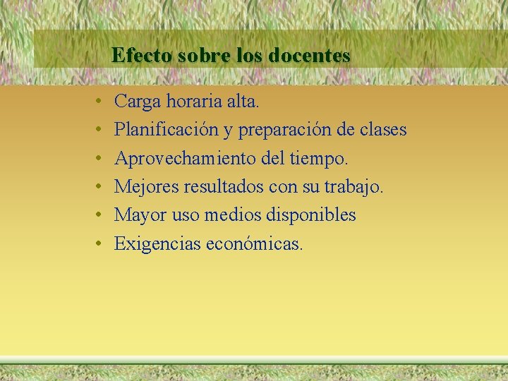 Efecto sobre los docentes • • • Carga horaria alta. Planificación y preparación de