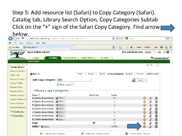 Step 5: Add resource list (Safari) to Copy Category (Safari). Catalog tab, Library Search